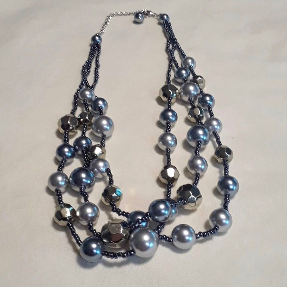 3 Strand Blue Gray Pearl Necklace Gold Beaded Choker Faux Costume Jewelry Silver